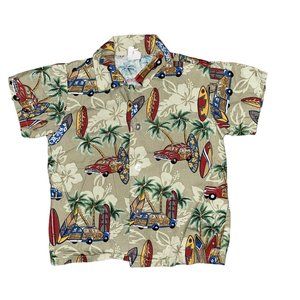 Vintage Hawaiian Shirt Big Boys 6 Green Vintage Car Surfboard Aloha Beach